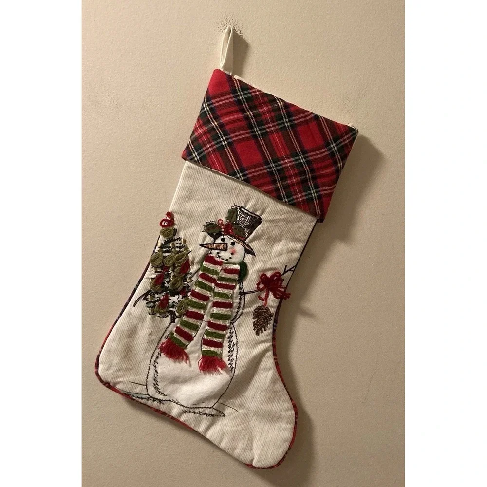 Pier 1 Snowman Stocking Appliqué Christmas Plaid Cuff 3D Embroidered Beaded‎